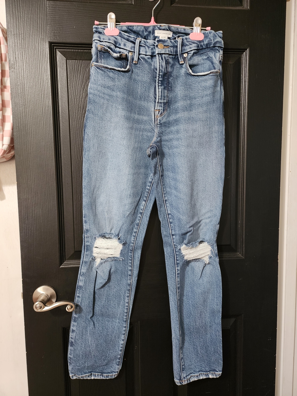 Good American Medium Blue High-Rise Distressed Knee Jeans